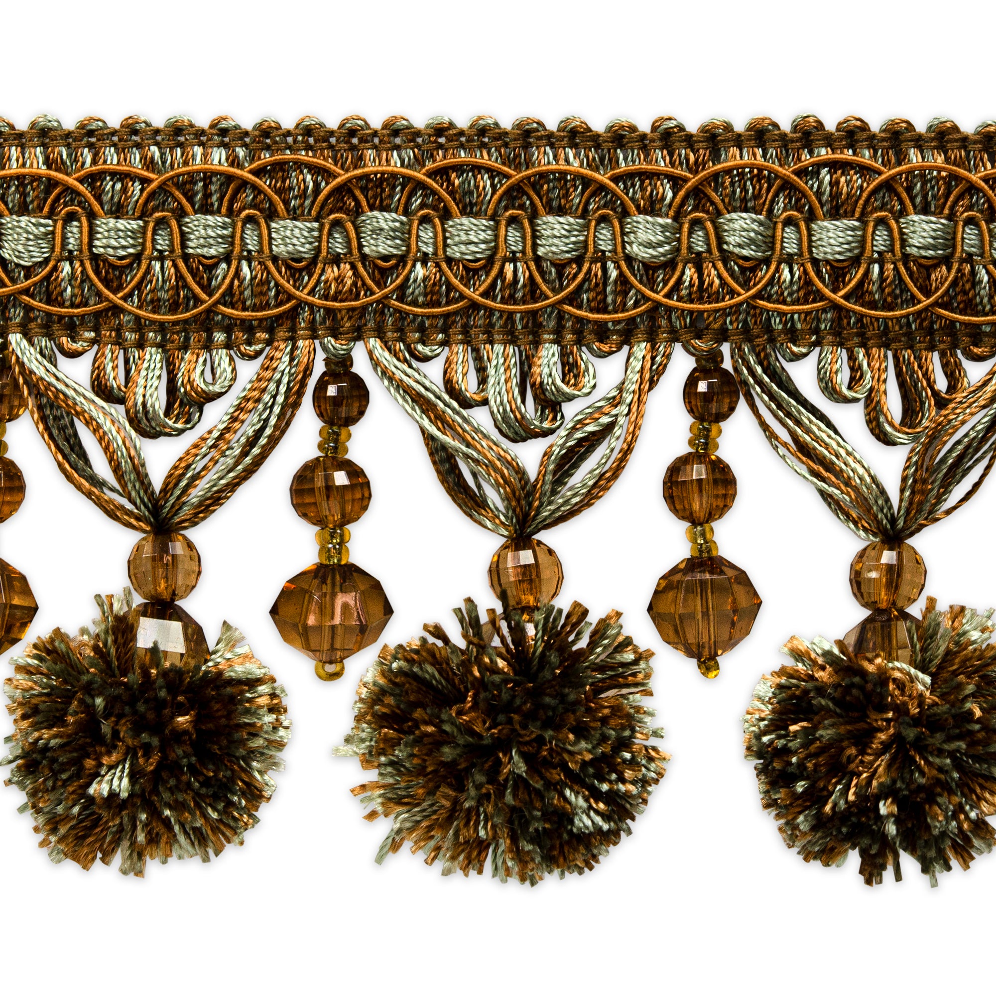 Zoe Ball & Bead Tassel Fringe (Sold by the Yard) Copper Seafoam Trims & Fringes