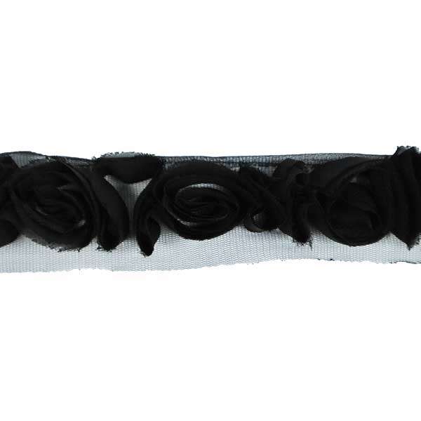 Organza Roses on Net Trim (Sold by the Yard) Black Trims & Fringes