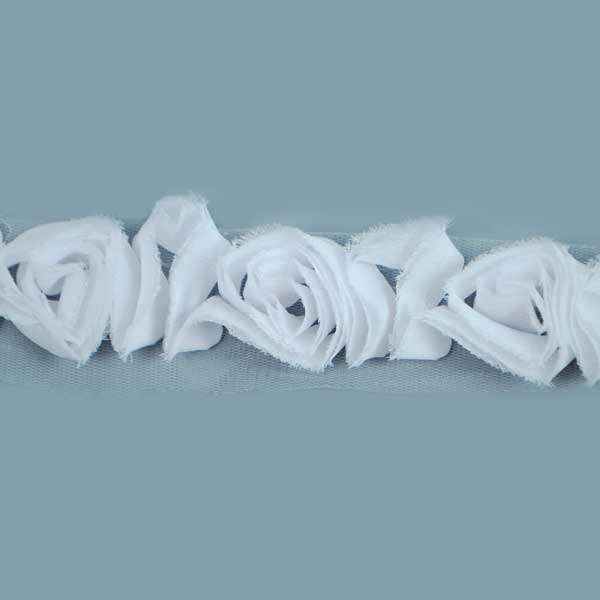 Organza Roses on Net Trim (Sold by the Yard) White Trims & Fringes