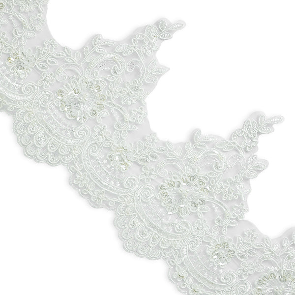 Marie Embroidered Organza Lace Trim with Pearls and Sequin (Sold by the Yard) Ivory Trims & Fringes