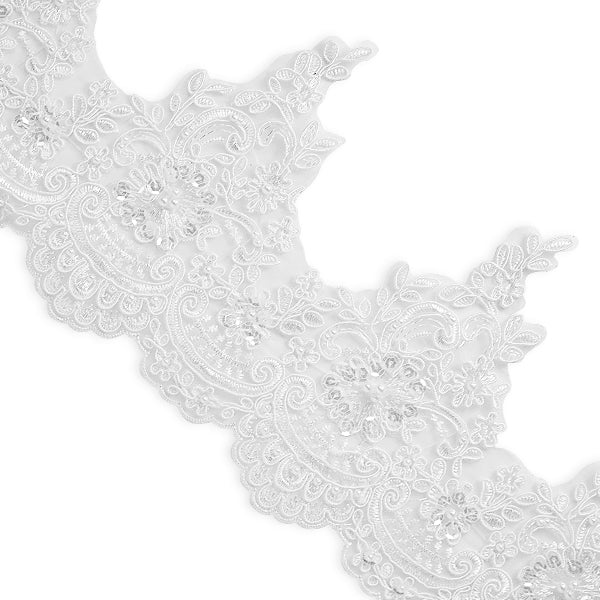 Marie Embroidered Organza Lace Trim with Pearls and Sequin (Sold by the Yard) White Trims & Fringes
