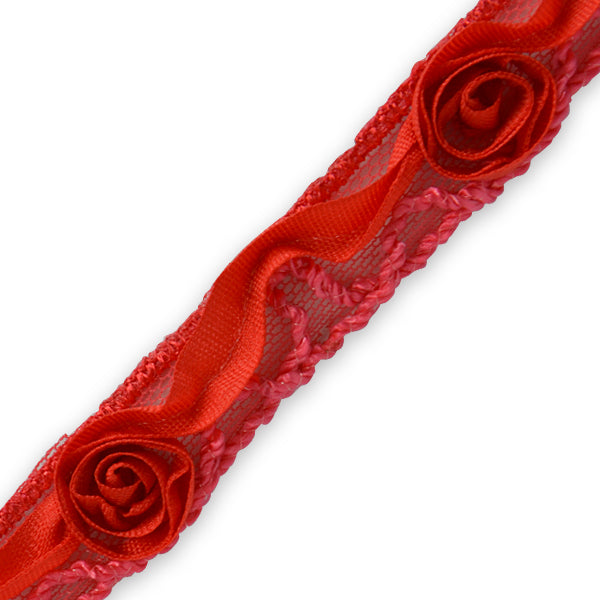 Ribbon Rosette w / Small Rosebud Trim (Sold by the Yard) Red Trims & Fringes