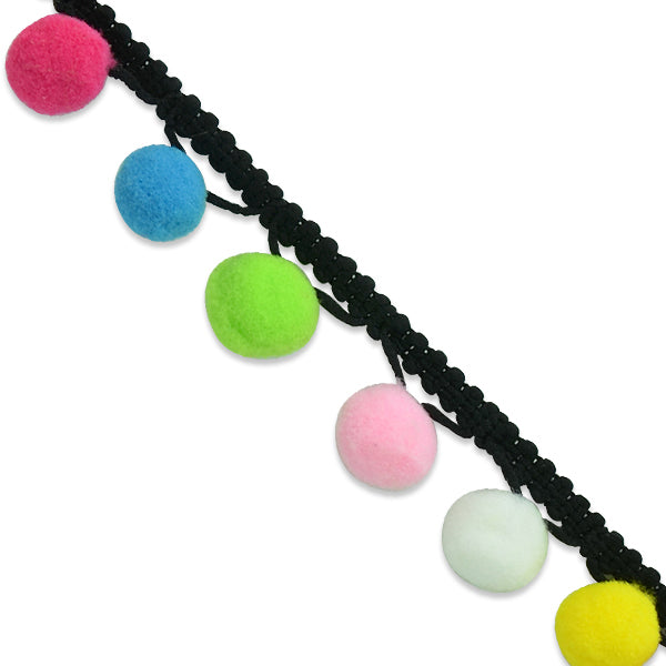 Lorelli 3/4" Pompom Fringe Trim (Sold by the Yard) Black Multi Trims & Fringes
