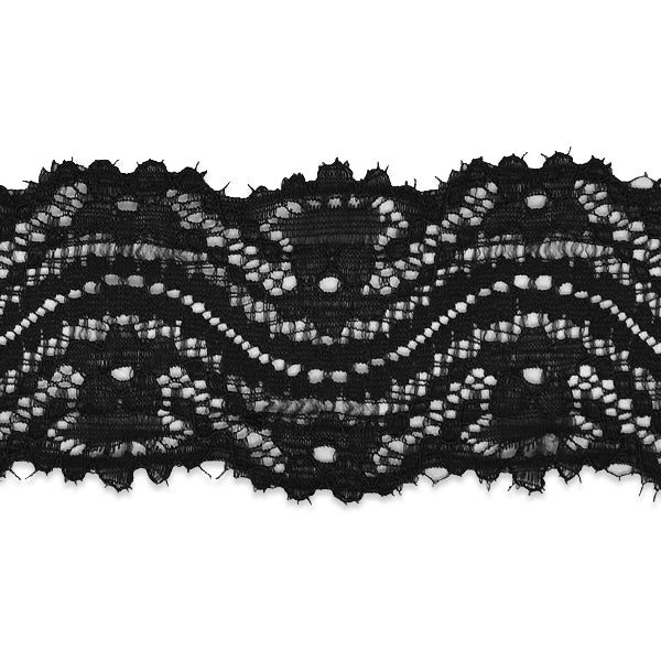 Cora 2 1/4" Stretch Raschel Lace Trim (Sold by the Yard) Black Trims & Fringes