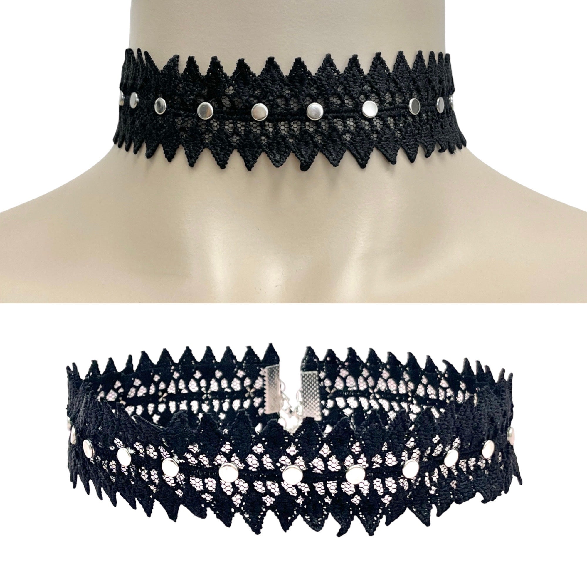 Annalise Lace Trim Embellished With 3MM Round Silver Studs (Sold by the Yard)