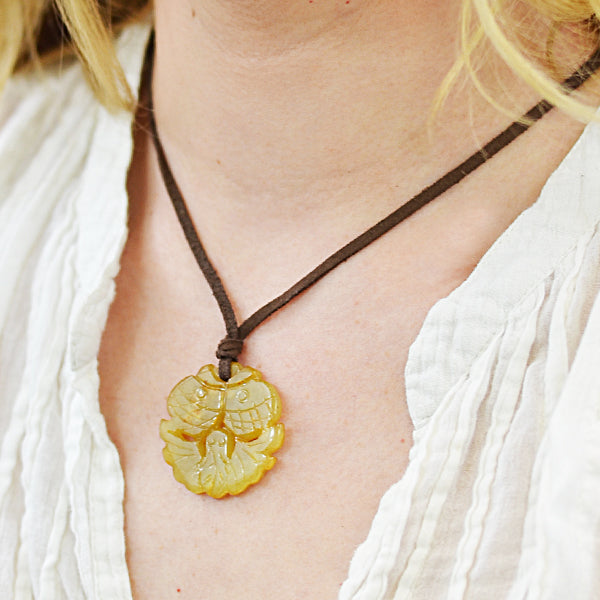 Leather Necklace Twin Fish Pendant - Beige Accessories