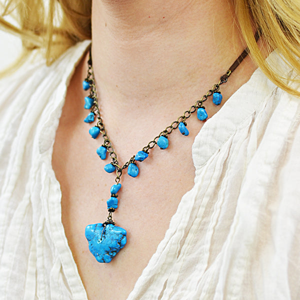 Leather & Chains Turquoise Necklace - Blue Accessories