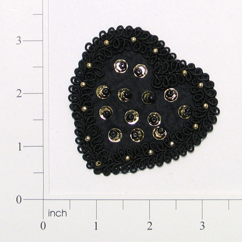 Embellished Heart Frog Closure - 2 3/4" x 2 7/8" - Black/ Gold Buttons & Closures