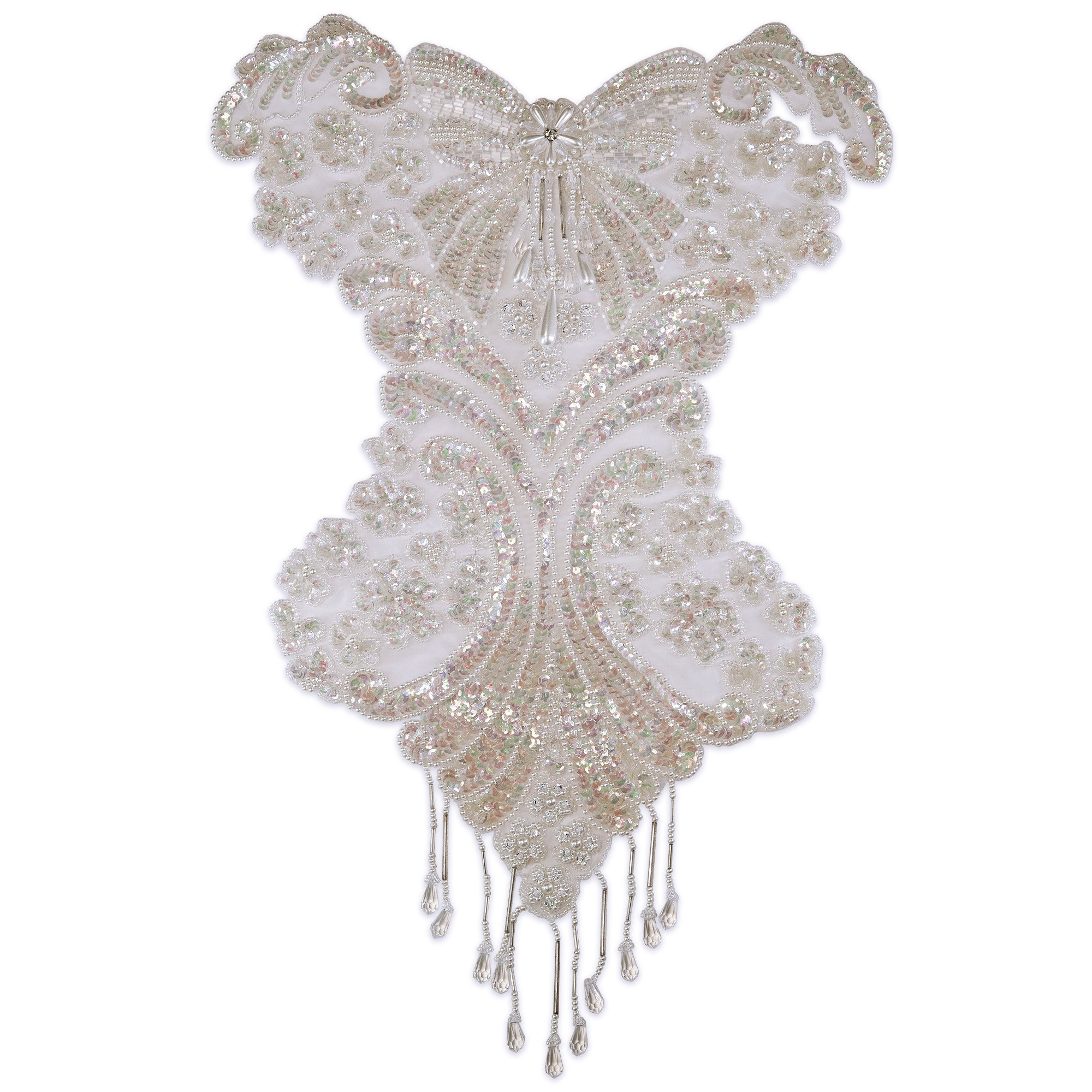 Vintage Bow Bustier With Fringe Pearl Applique/Patch - Crystal Aurora Borealis Lace, Ribbon & Pearl Appliques