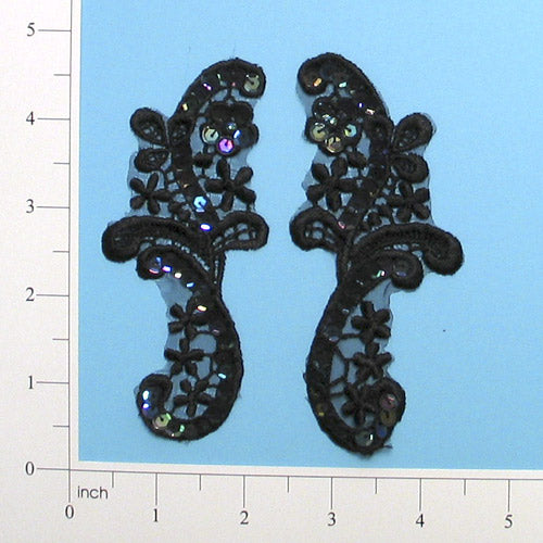 Vintage Floral Sprig Lace Applique/Patch Pack of 2 Black Iris Lace, Ribbon & Pearl Appliques