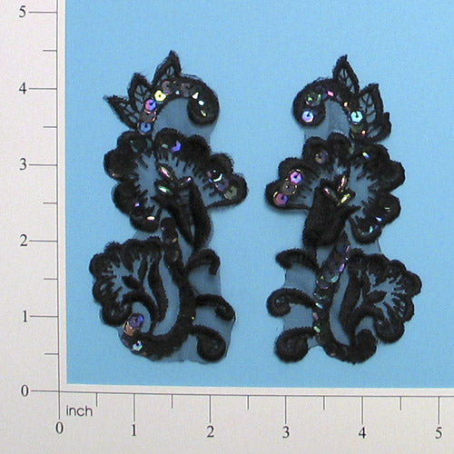 Vintage Lily Spray Lace Applique 2 Pack - 4" x 2" Black Iris Lace, Ribbon & Pearl Appliques