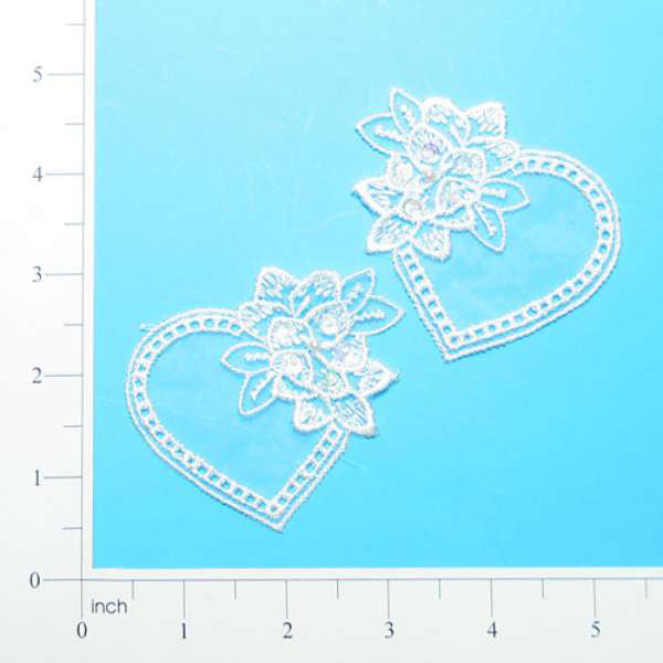 Vintage Heart & Flower Lace Applique/Patch Pack of 2 White Lace, Ribbon & Pearl Appliques