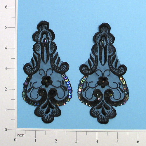 Vintage Paisley Lace Applique/Patch 2 Pack 5 1/4" x 2 1/2" Vintage Paisley Black Iris Lace, Ribbon & Pearl Appliques
