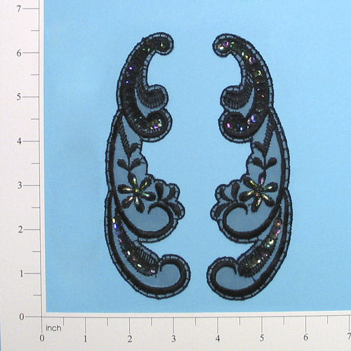 Vintage Swirl Lace Applique 2 Pack 6" x 1 3/4" Black Iris Lace, Ribbon & Pearl Appliques
