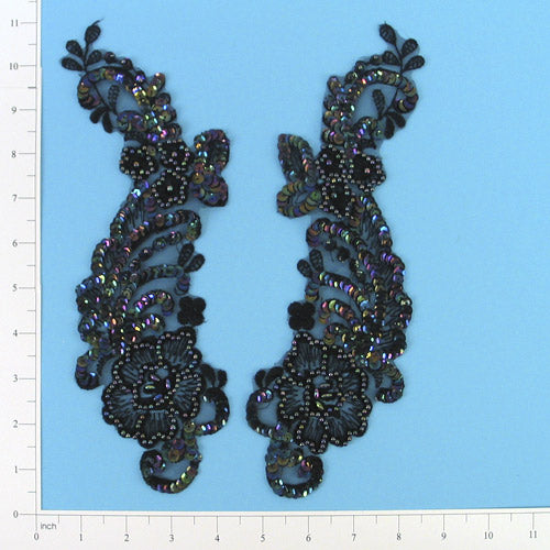 Vintage Rose Cluster Lace Applique 2 Pack 10 1/2" x 3 1/2" Black Iris Lace, Ribbon & Pearl Appliques