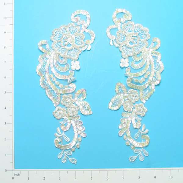 Vintage Rose Cluster Lace Applique 2 Pack 10 1/2" x 3 1/2" Ivory Lace, Ribbon & Pearl Appliques