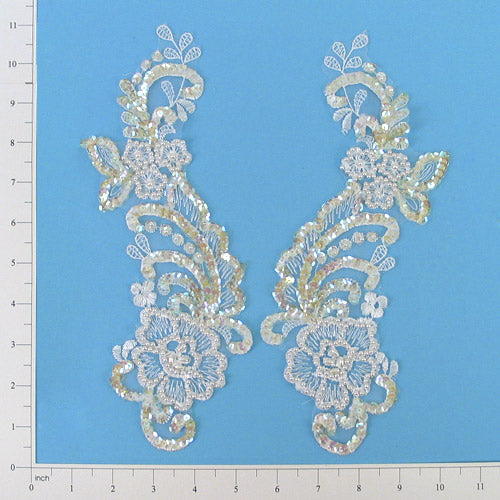 Vintage Rose Cluster Lace Applique 2 Pack 10 1/2" x 3 1/2" White Lace, Ribbon & Pearl Appliques