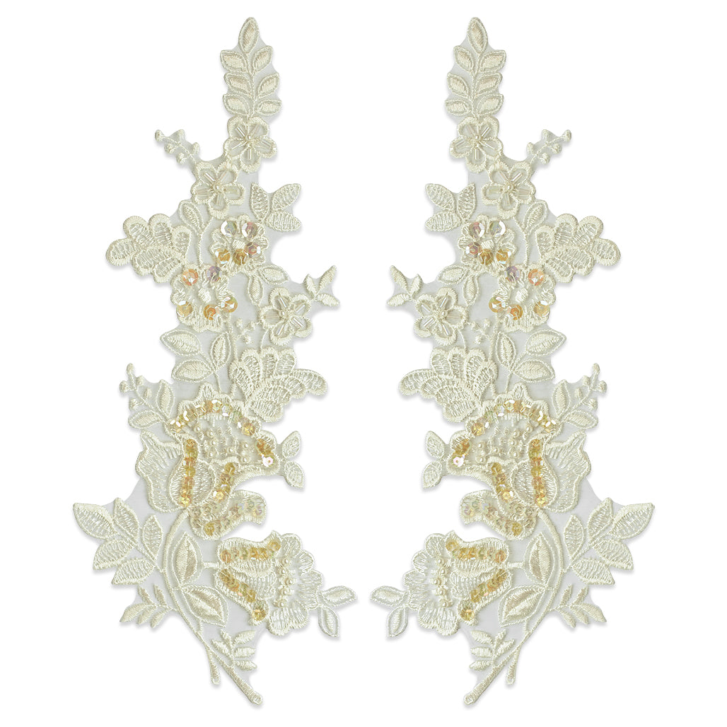 Vintage Tulip Bouquet Lace Applique/Patch Pack of 2 Ivory Lace, Ribbon & Pearl Appliques