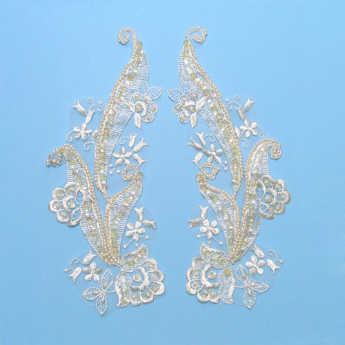Vintage Lillies Of Valley Lace Applique/Patch Pack of 2 - Ivory Lace, Ribbon & Pearl Appliques