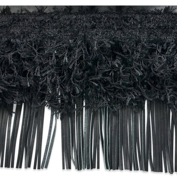 6" Leather And Hairy Gimp Fringe Trim (Sold by the Yard) Black Trims & Fringes