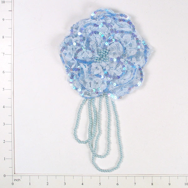 Beaded Lace Flower Brooch Applique/Patch - Blue Lace, Ribbon & Pearl Appliques