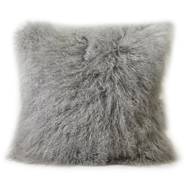 Mongolian Sheep Fur Throw Pillow 20X20" Cover Light Gray Accessories