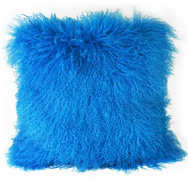 Mongolian Sheep Fur Throw Pillow 20X20" Cover Blue Accessories