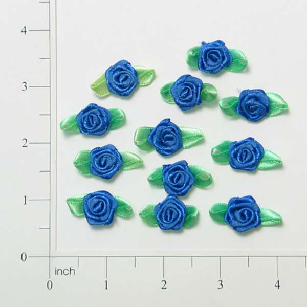 Rosette With Leaves - Royal, Green - 12 pcs. Royal Blue Appliques