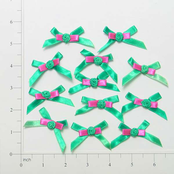 Bow With Rosette - Fuchsia, Green - 12 pcs. Green Sequin & Beaded Appliques
