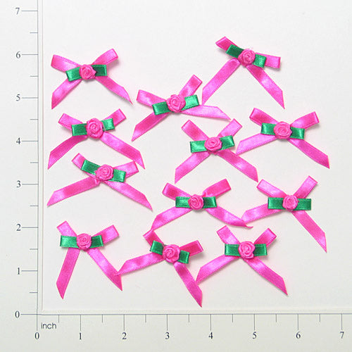 Bow With Rosette - Fuchsia, Green - 12 pcs. Fuchsia Sequin & Beaded Appliques