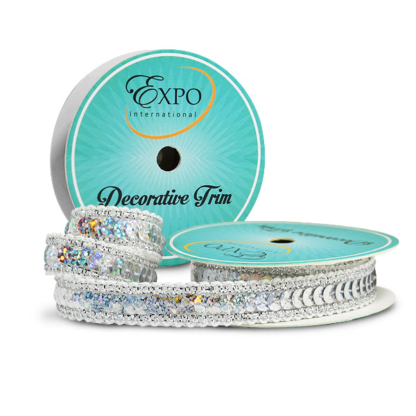 Lexi 3 Yard Hologram Sequin with Sparkle Edge Trim Spool Silver Trims & Fringes