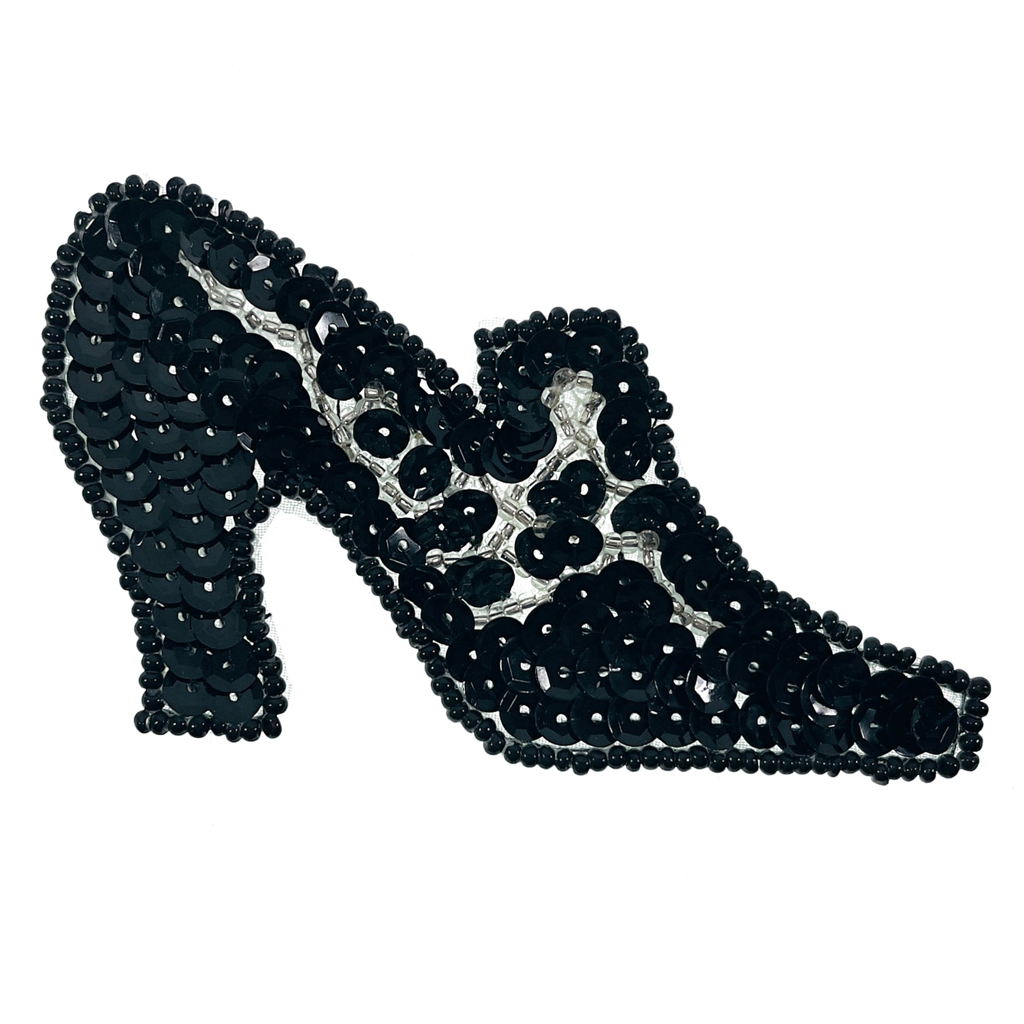 Vintage High Heel Shoe Beaded Sequin Applique Black Silver Sequin & Beaded Appliques