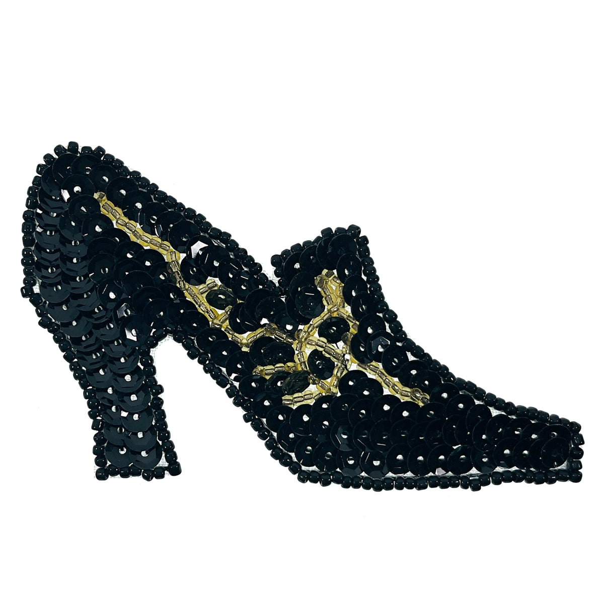 Vintage High Heel Shoe Beaded Sequin Applique Black Gold Sequin & Beaded Appliques