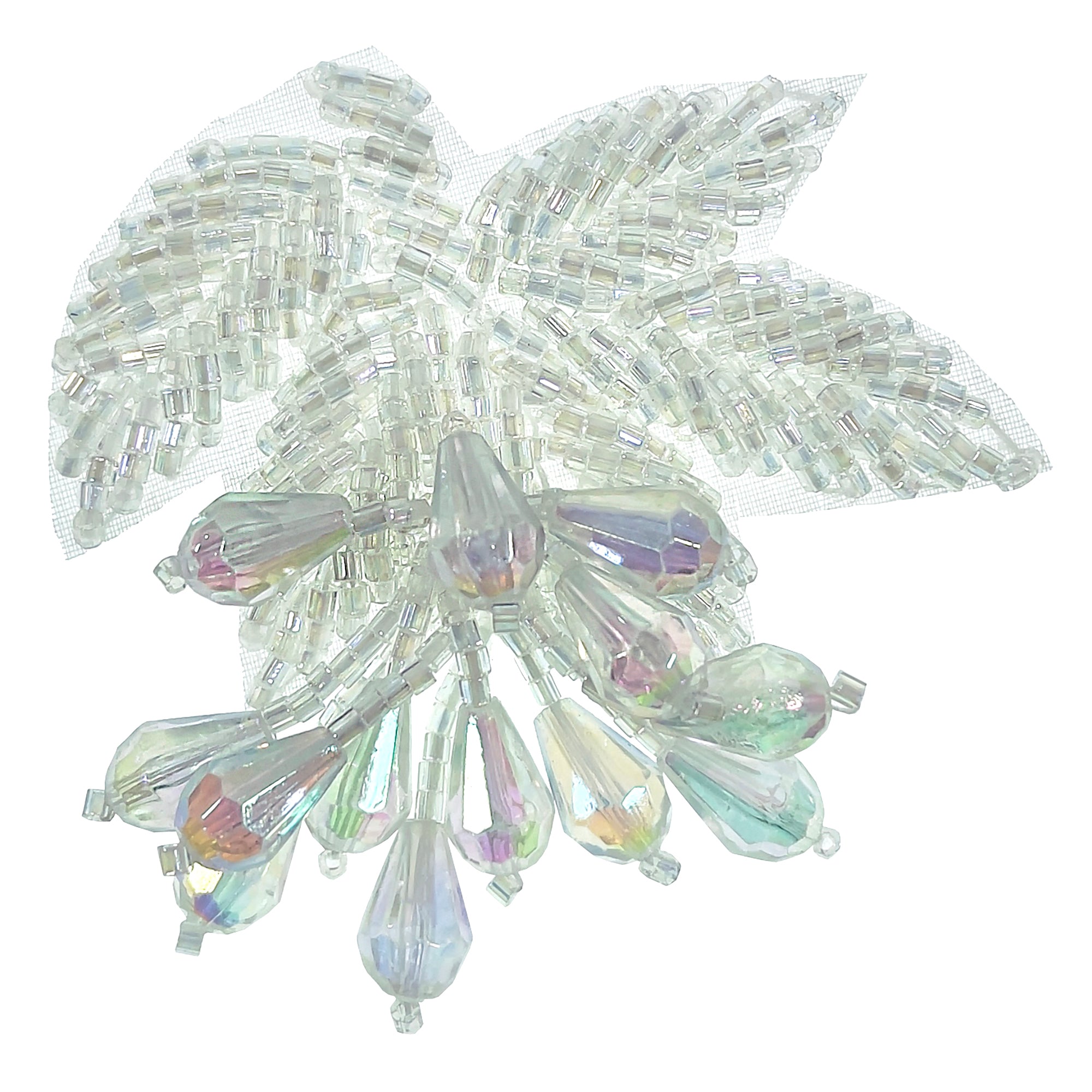 Celebration Beaded Applique with Teardrop Fringe (Right) - Crystal Aurora Borealis Sequin & Beaded Appliques