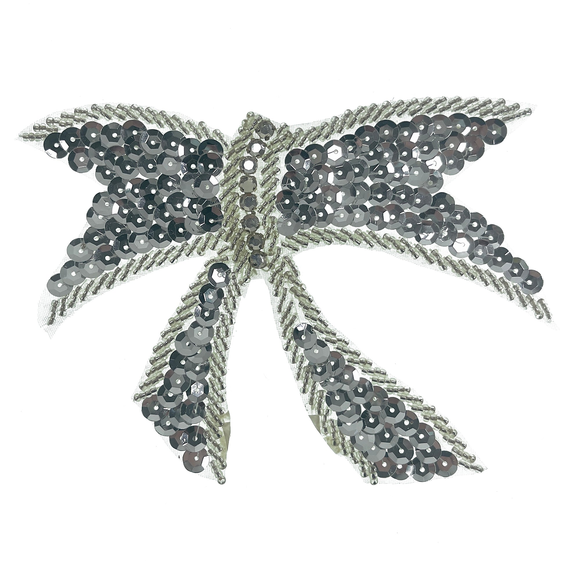 Knotted Bow Sequin Applique/Patch 5" x 4" Silver Sequin & Beaded Appliques