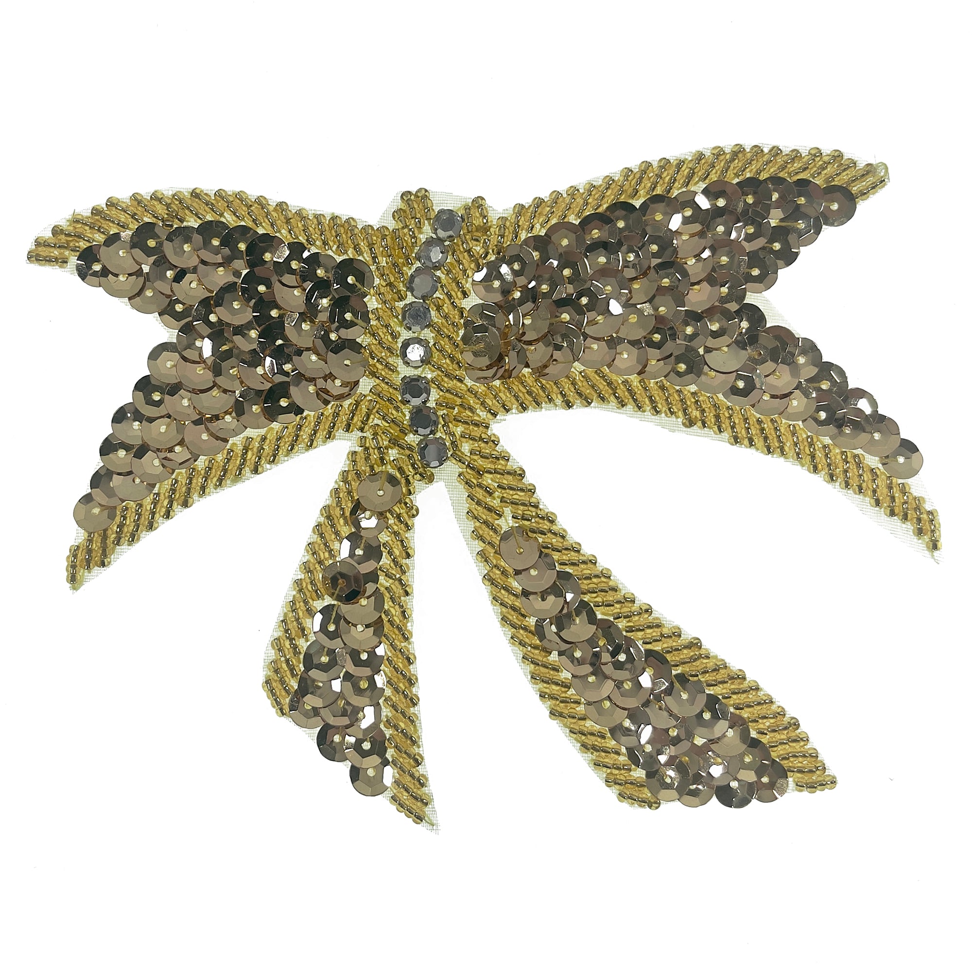 Knotted Bow Sequin Applique/Patch 5" x 4" Gold Sequin & Beaded Appliques