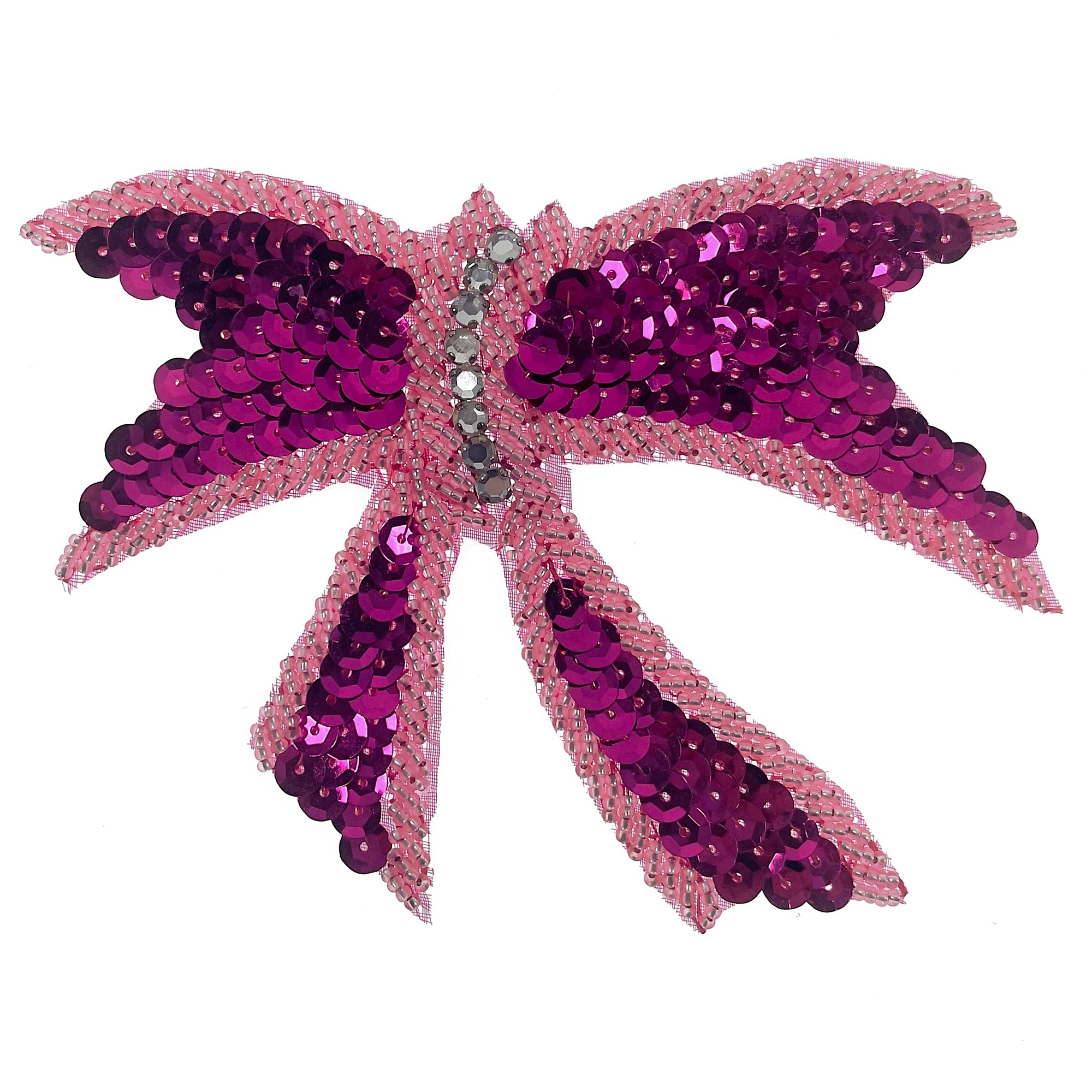 Knotted Bow Sequin Applique/Patch 5" x 4" Fuchsia Sequin & Beaded Appliques