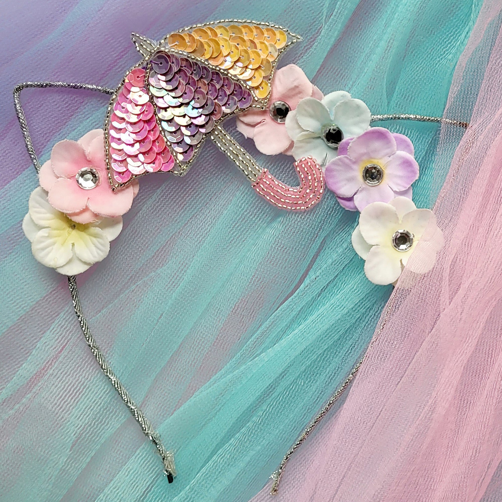 Umbrella with Multi-Colored Beaded Sequin Applique/Patch Appliques
