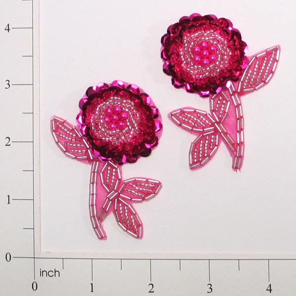 Flower Sequin Applique/Patch Pack of 2 - Fuchsia Sequin & Beaded Appliques
