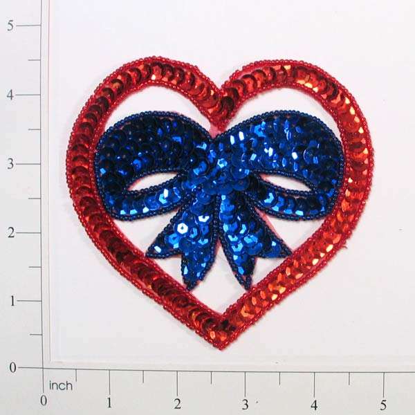 4 1/4" x 4 1/4" Heart With Bow Sequin Applique Multi Colors Sequin & Beaded Appliques