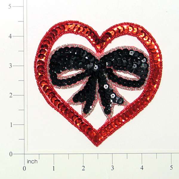 4 1/4" x 4 1/4" Heart With Bow Sequin Applique Red Multi Sequin & Beaded Appliques