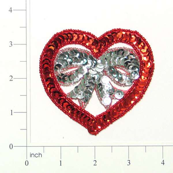 3 1/4" x 3 1/4" Heart With Bow Sequin Applique/Patch Red Silver Sequin & Beaded Appliques