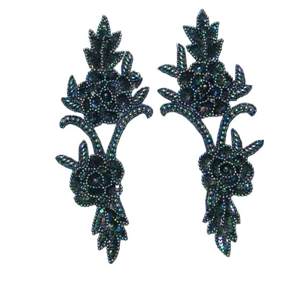 Rose Vine Sequin Applique/Patch Pack of 2 Black Aurora Borealis Sequin & Beaded Appliques