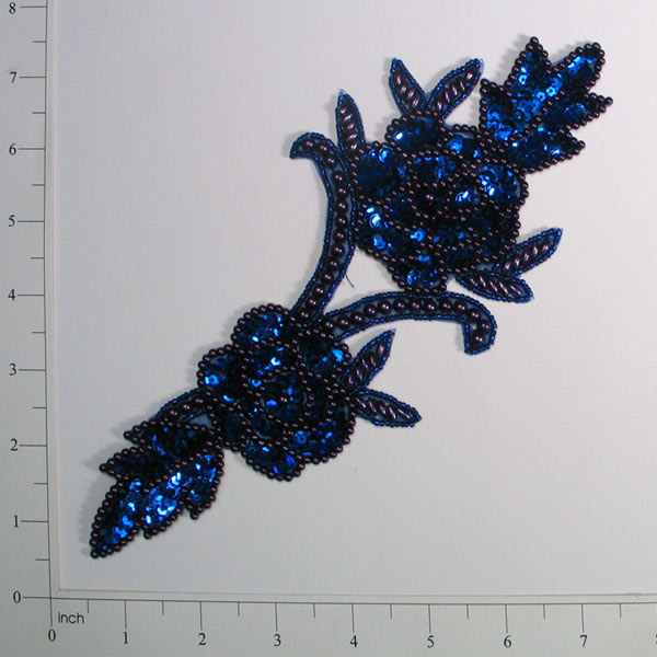 Rose Vine Sequin Applique/Patch Royal Blue Sequin & Beaded Appliques