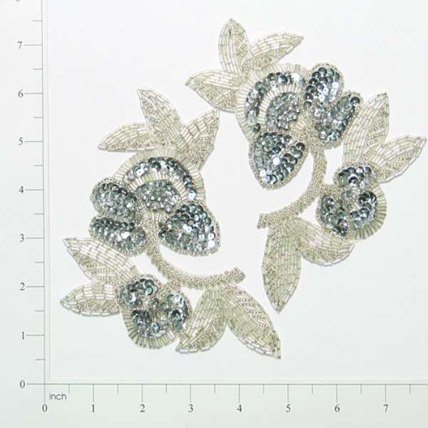 Tea Flower Sequin Applique Pack of 2 Silver Sequin & Beaded Appliques
