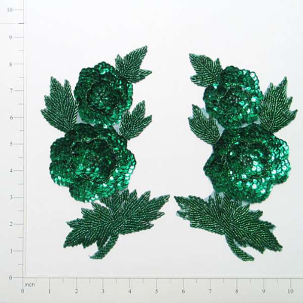 Dual Rosette Sequin Applique Pack of 2 - Kelly Green Sequin & Beaded Appliques