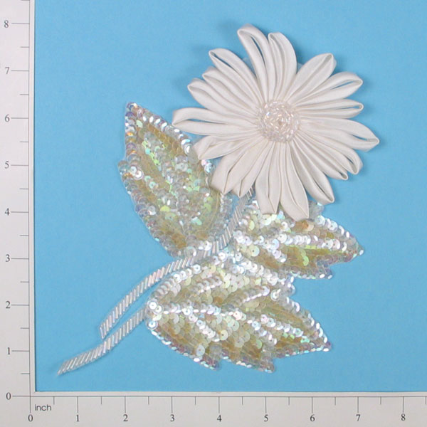 Mum Flower Applique/Patch White Aurora Borealis Sequin & Beaded Appliques