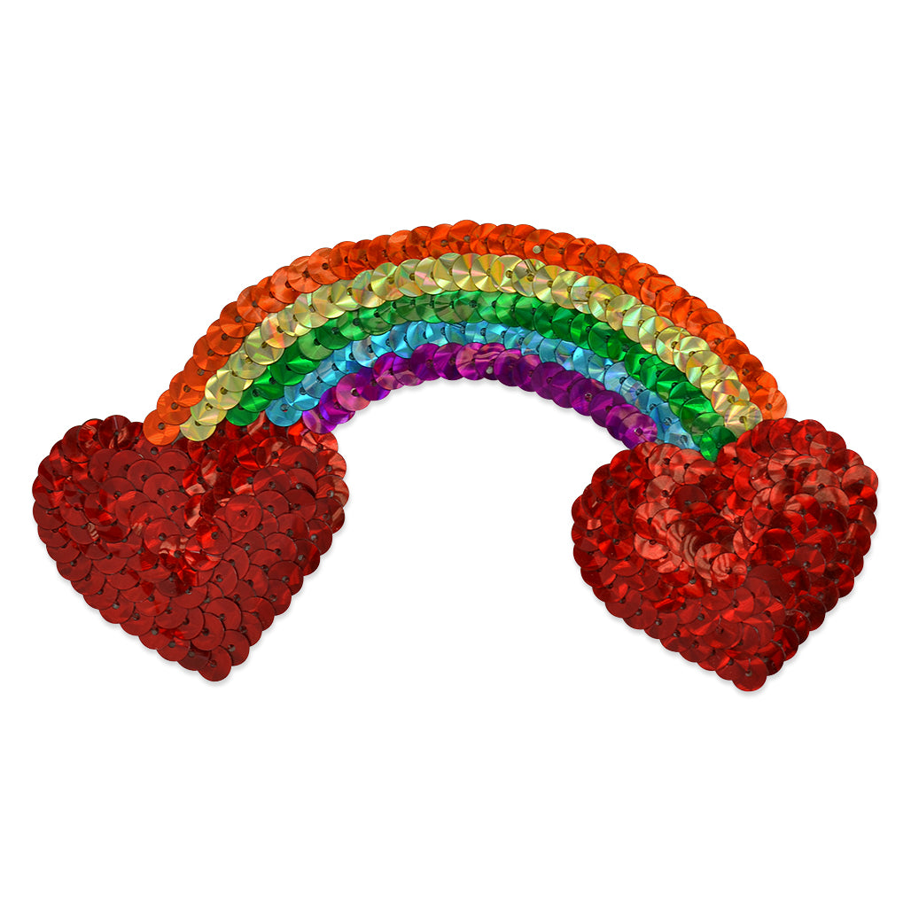 Rainbow With Hearts Sequin Applique/Patch - Red Multi Sequin & Beaded Appliques