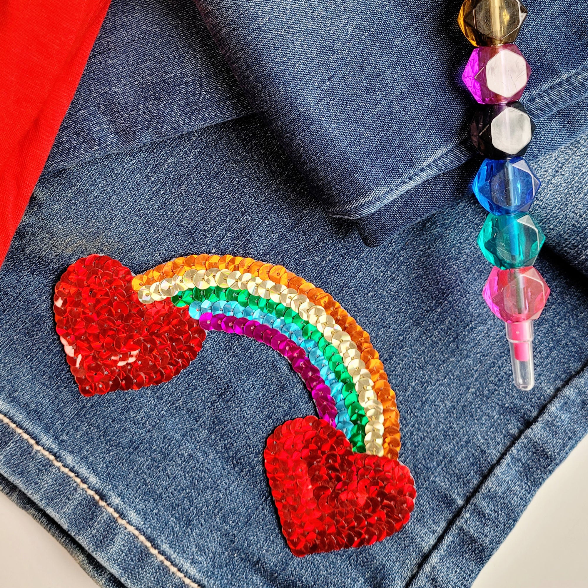 Rainbow With Hearts Sequin Applique/Patch - Red Multi Sequin & Beaded Appliques