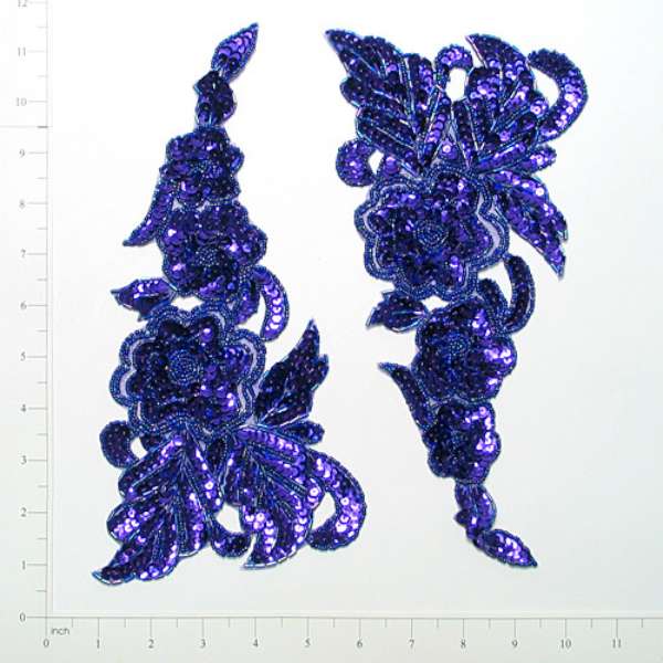 12" x 5 1/4" Trailing Glory Sequin Applique Pack of 2 - Purple Sequin & Beaded Appliques